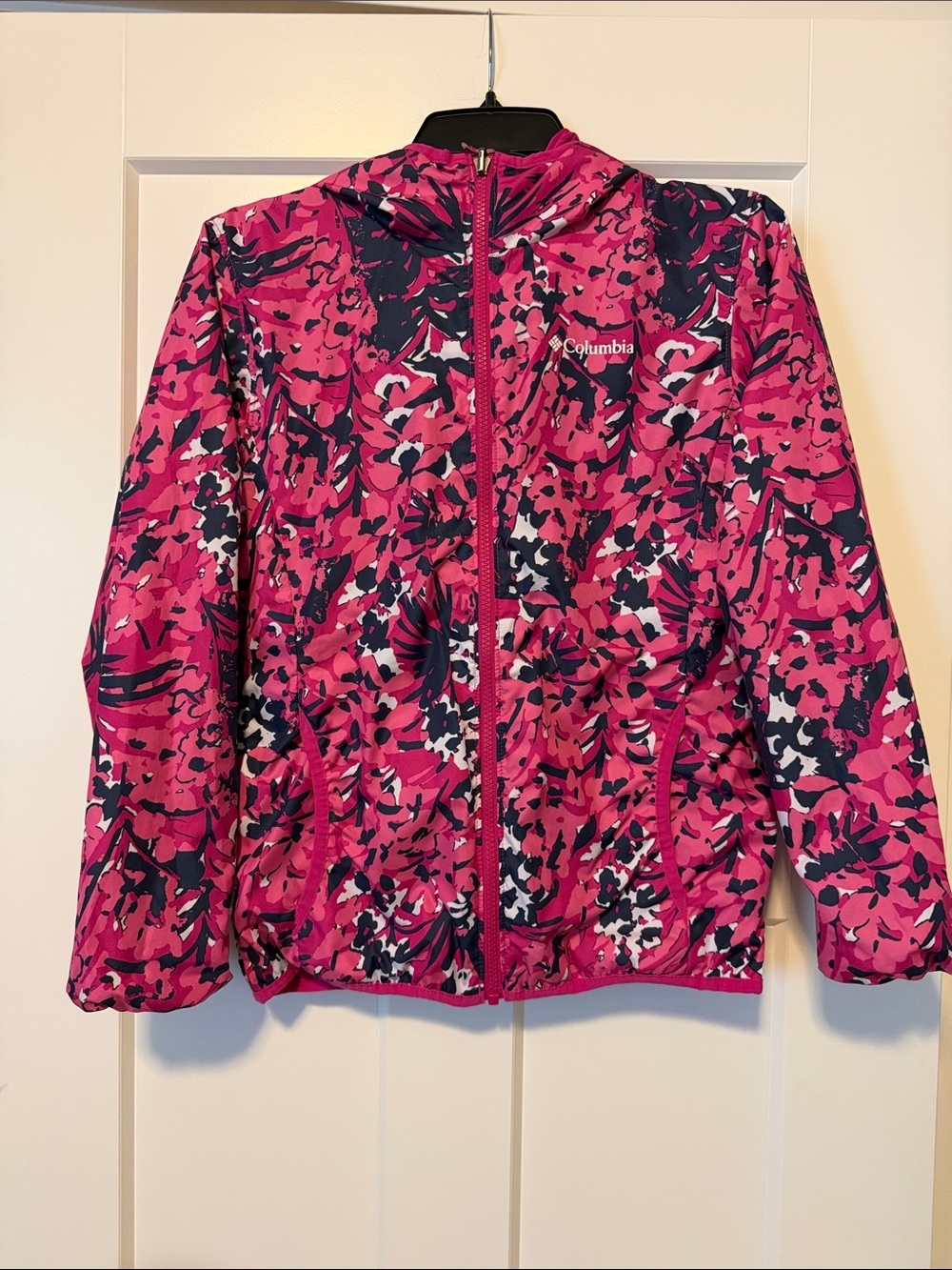 Columbia Pink Navy White Floral Hooded Jacket Reversible to Solid Pink